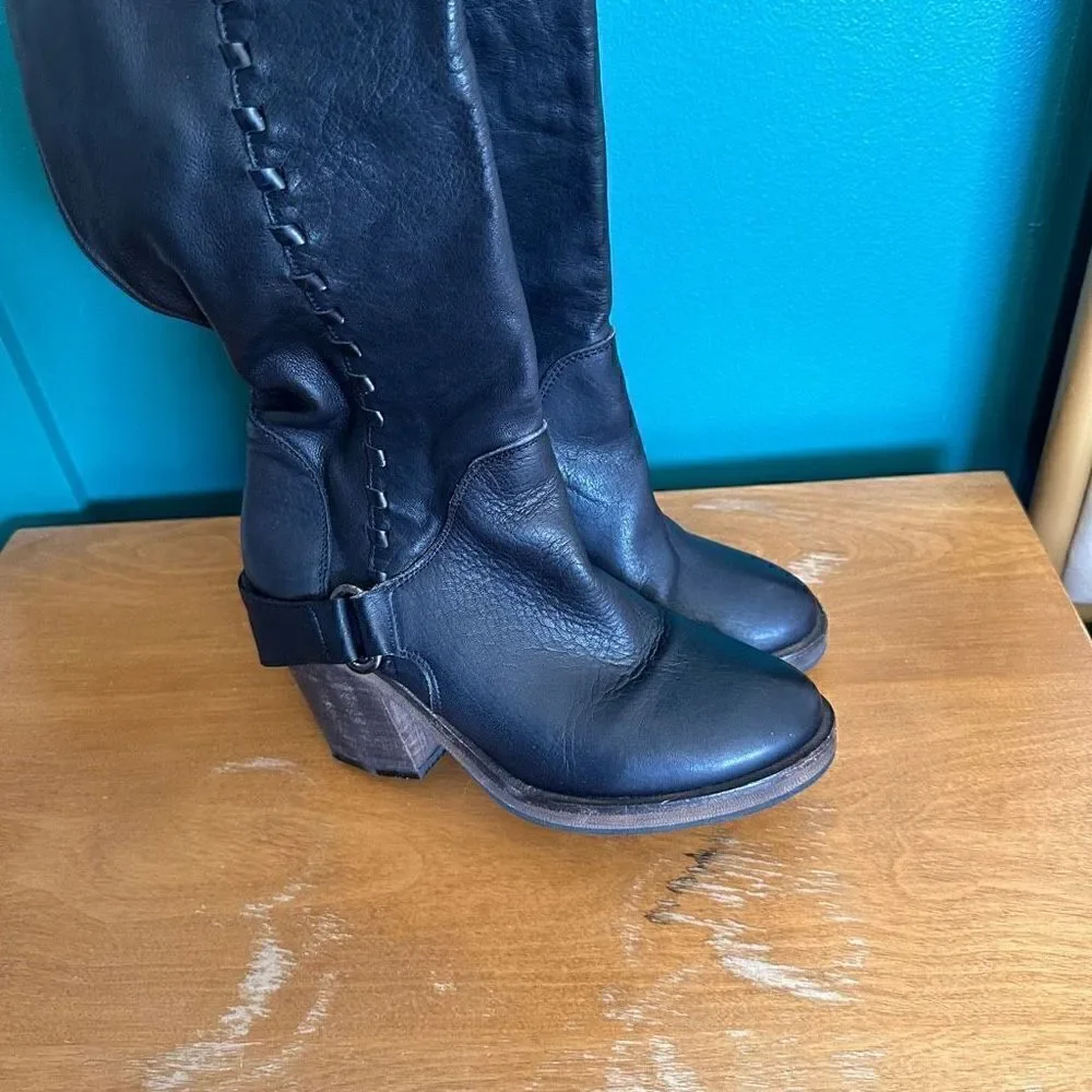 Free People Women’s Auburn Black Leather Over The Knee Whipstitch Detail Boot